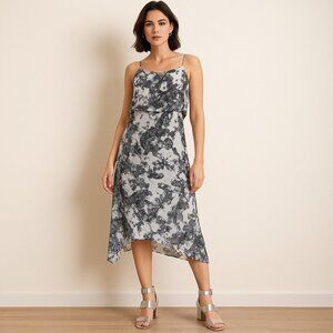 The Vanca Floral Midi Dress Black White Abstract Print Flowy Lightweight